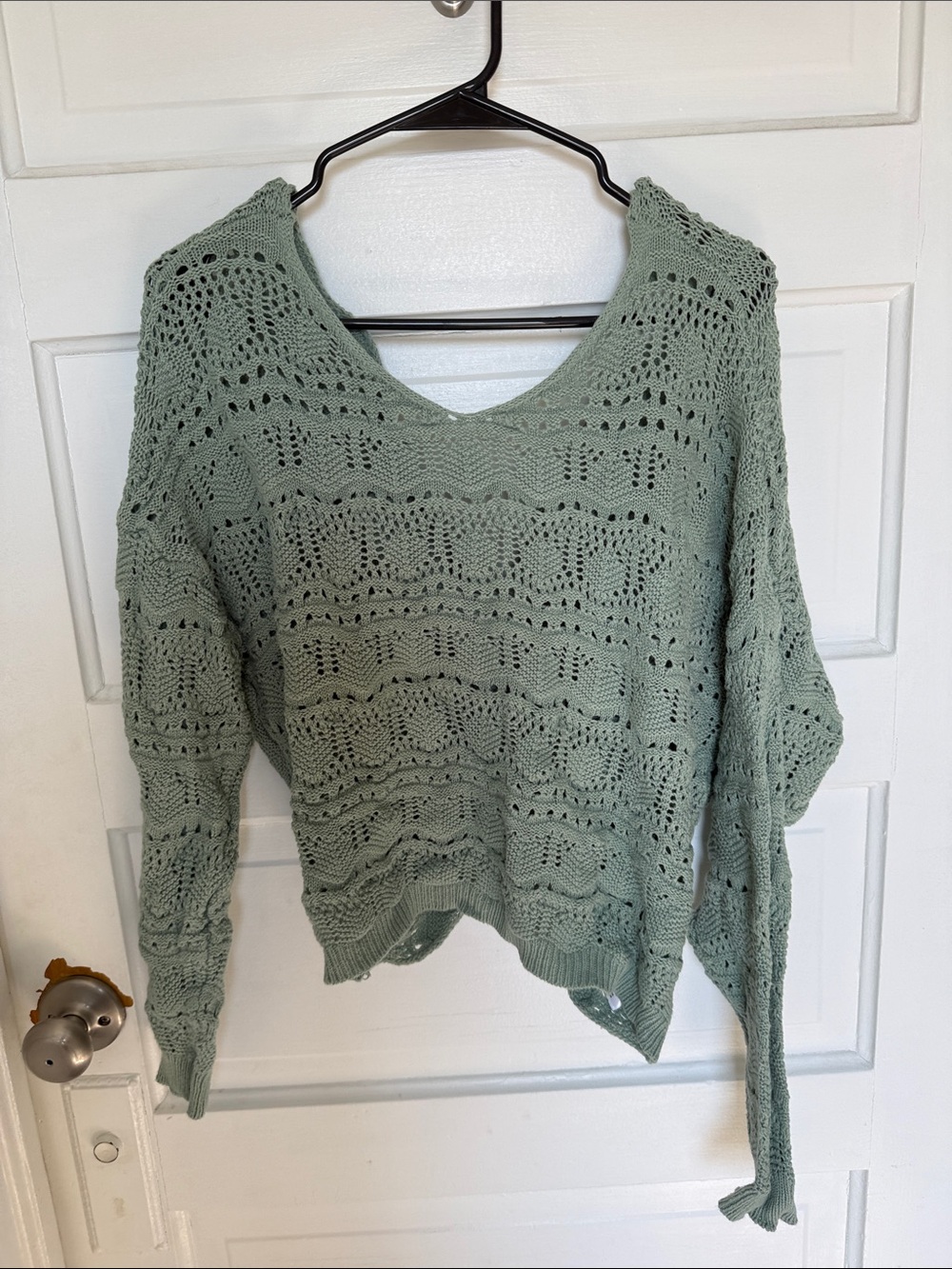 Blue Rain Sage Green Openwork V-Neck Sweater